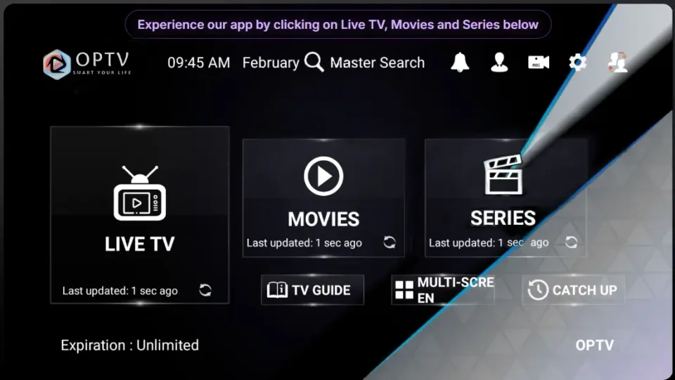 OPTV app IPTV home screen